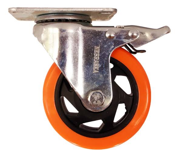 75MM RUEDA PVC NARANJA BASE GIRATORIA C/FRENO 